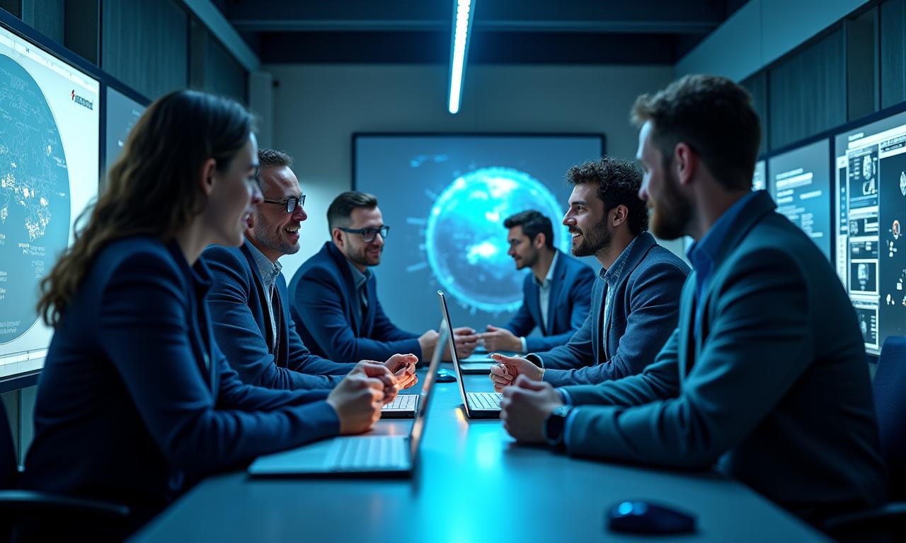 Stellaris Horizon team collaborating in a modern office with celestial data visualizations.