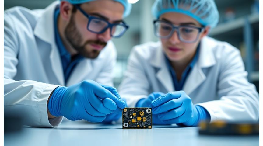 Engineers working on a CubeSat in a cleanroom